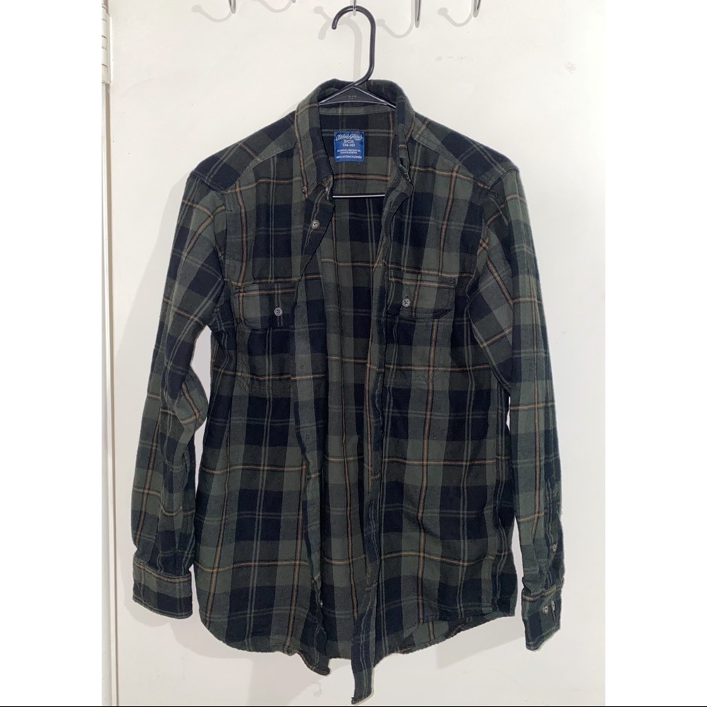 Faded Glory Button Down Mens Size S Long Sleeve Olive Green Plaid Casual